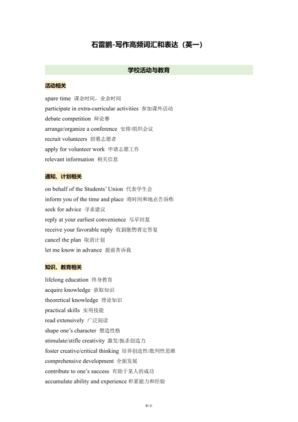 26考研石雷鹏写作高频词汇和表达总结英一(利之)