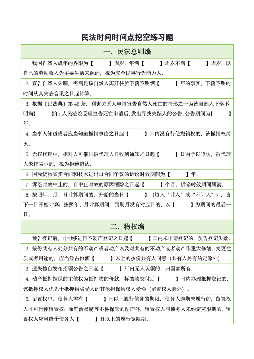26考研法硕民法时间时间点挖空练习题