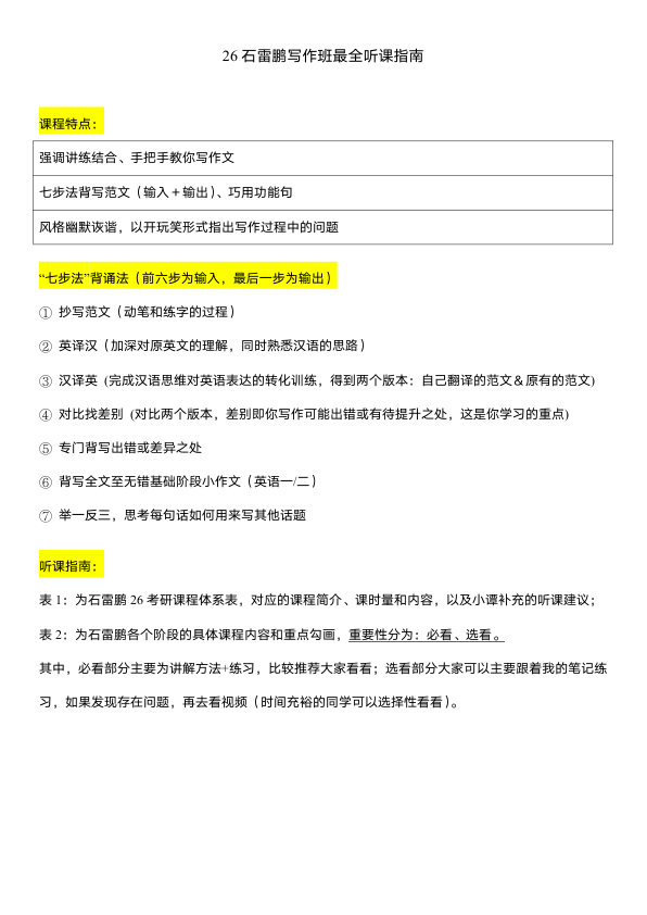 26考研石雷鹏最全听课指南+重点勾画(小谭)