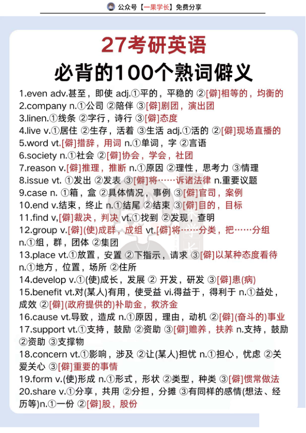 27考研必背100个熟词僻义