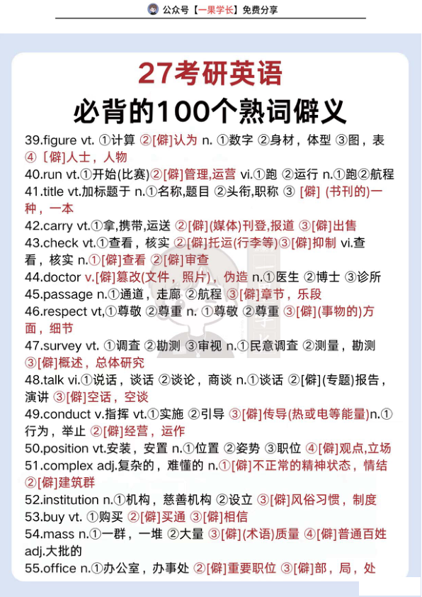 27考研必背100个熟词僻义