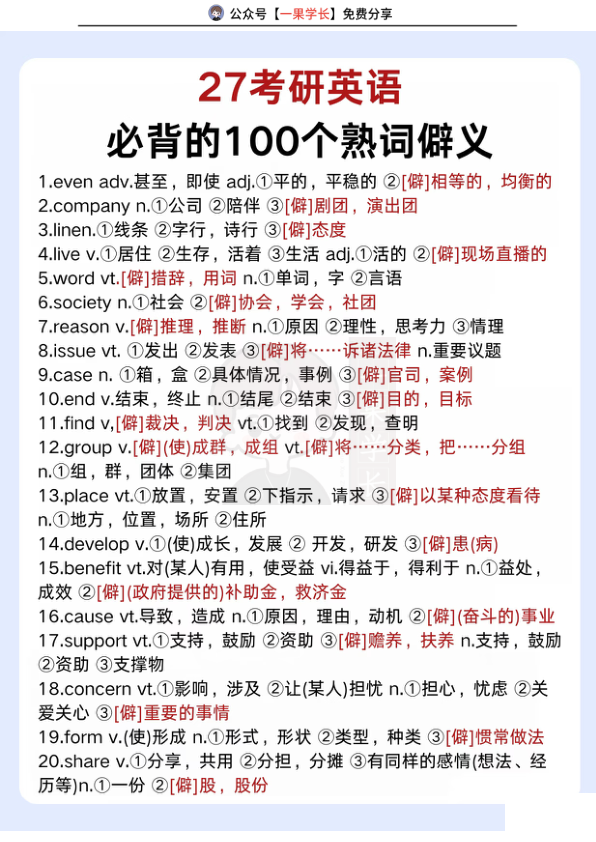 27考研必背100个熟词僻义