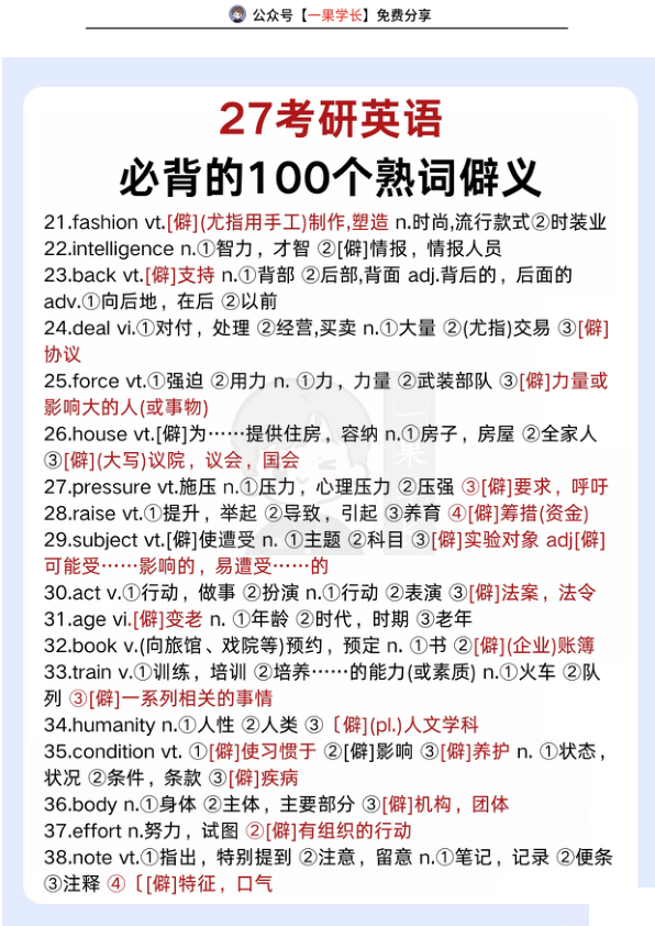 27考研必背100个熟词僻义