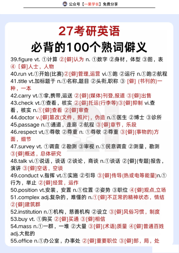 27考研必背100个熟词僻义