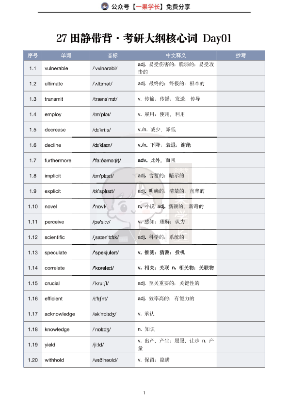 27考研南山27田静考研大纲核心词