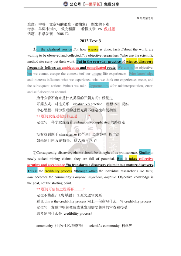 27考研柴荣英一2012年T3阅读精讲课堂笔记