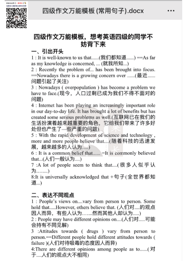 26四六级作文万能模版