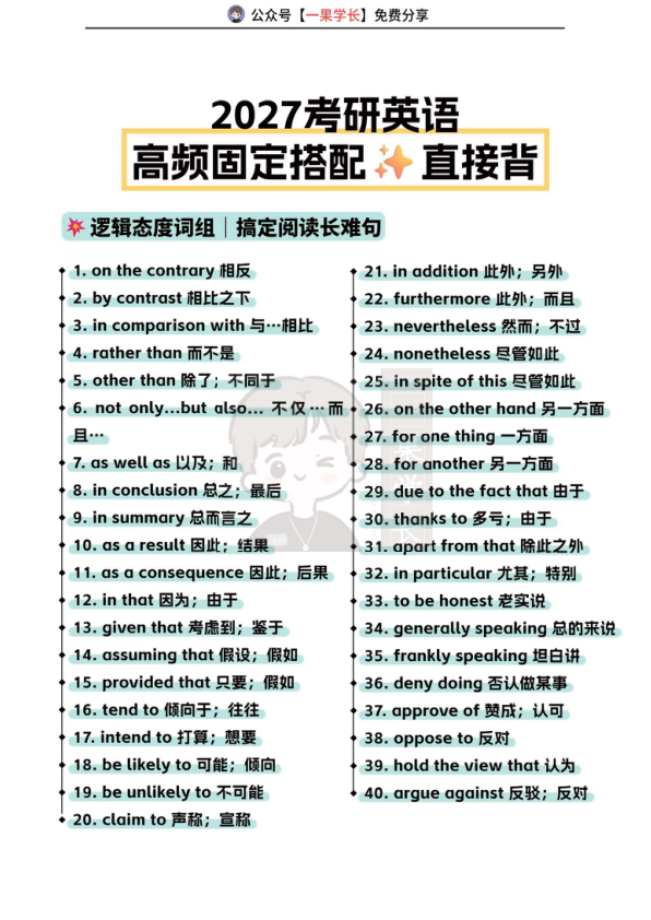 27考研英语200组高频固定搭配