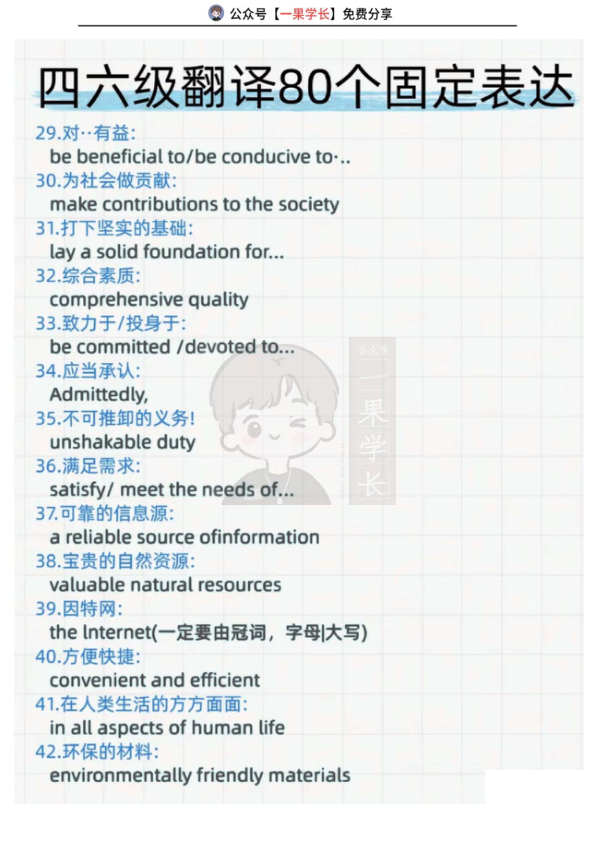 26四六级翻译80个固定表达