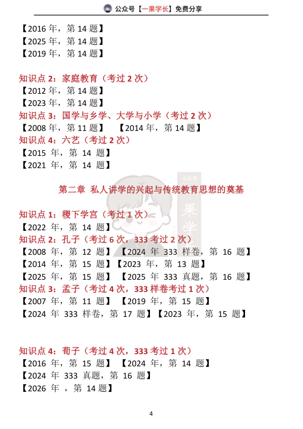 27考研教育学中教史真题选择题考频分布