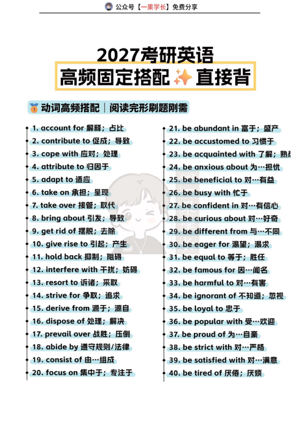 27考研英语200组高频固定搭配