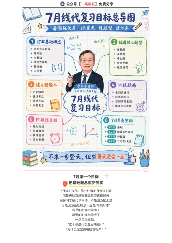 27考研李永乐公众号七月线代复习目标