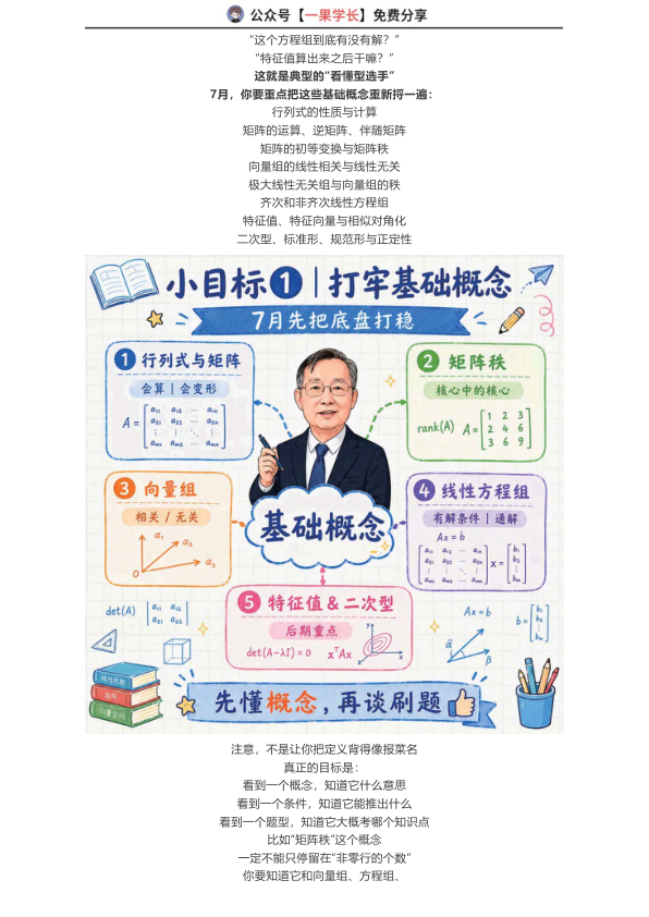 27考研李永乐公众号七月线代复习目标